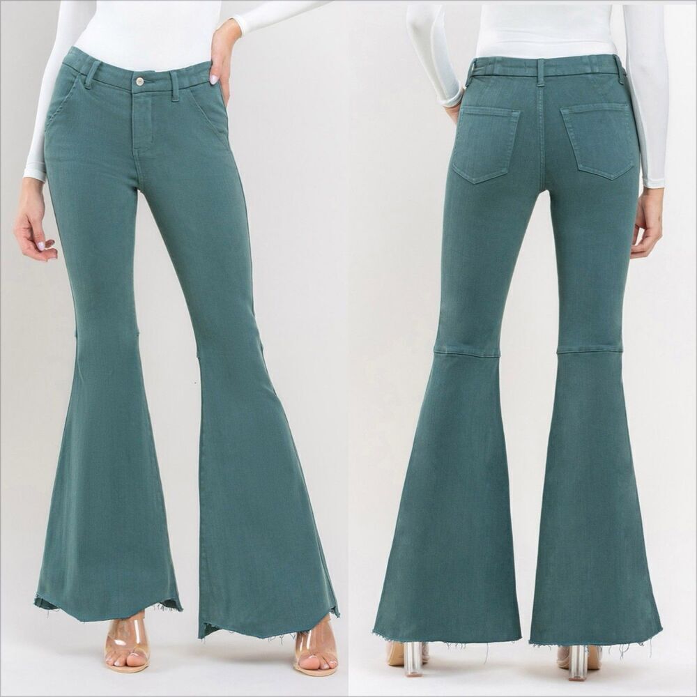 Vervet High Rise Raw Hem Super Flare Jeans Size 26 Teal Green